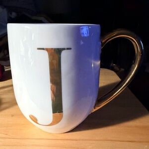 Expressions White Ceramic Mug with Gold Letter J and Gold Handle